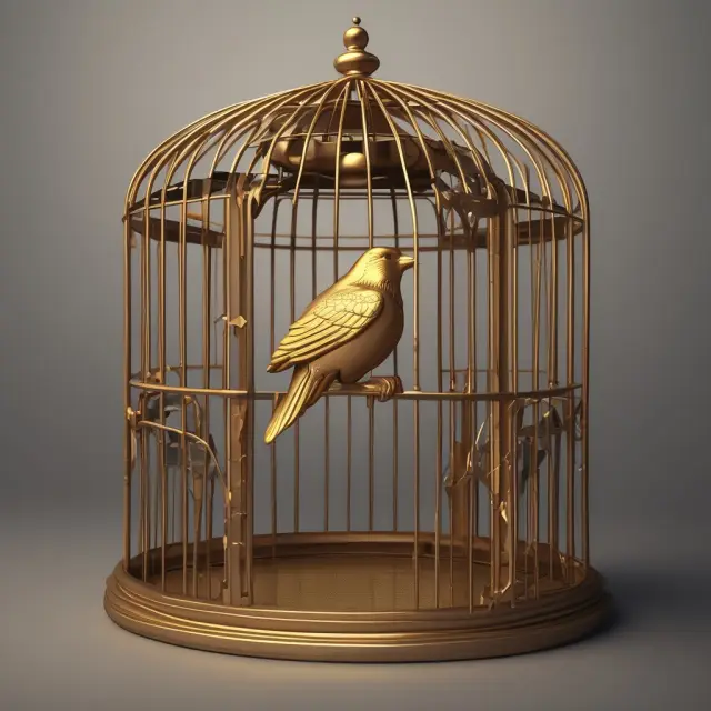 Golden birdcage hot wallet: An image of a secure yet accessible digital wallet represented as a golden birdcage with an open door, emphasizing convenience and risk in the realm of cryptocurrencies.