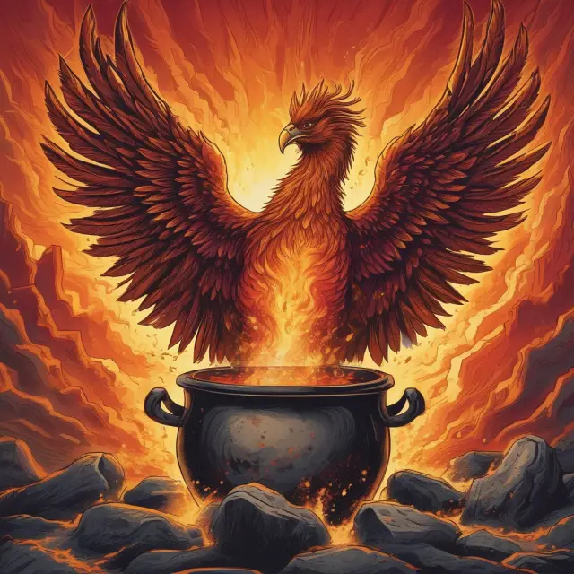 A mythical Phoenix emerging from a cauldron filled with various IPOs, representing the rewards and risks of investing in hot offerings