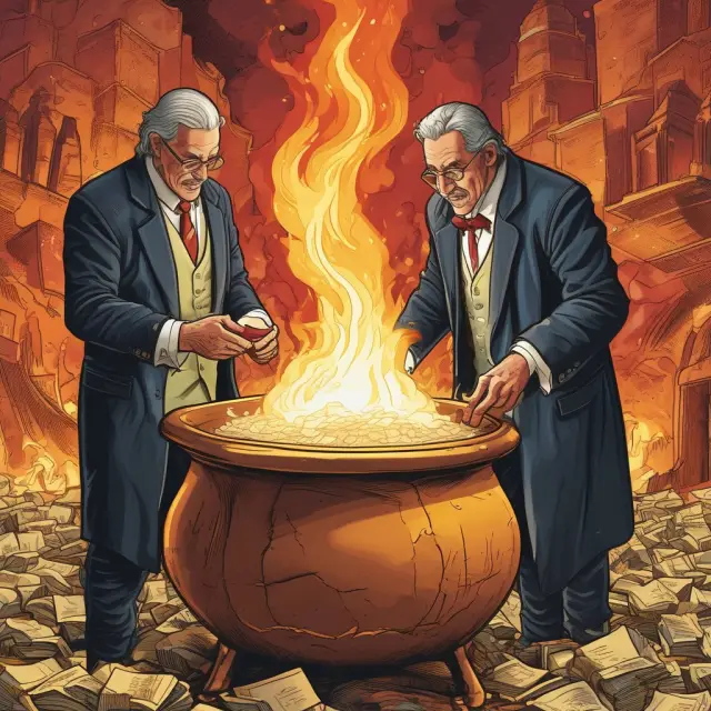 An underwriter transforming a golden nugget, symbolizing a private company, into a treasured coin in a red-hot IPO cauldron, surrounded by flames of demand from investors
