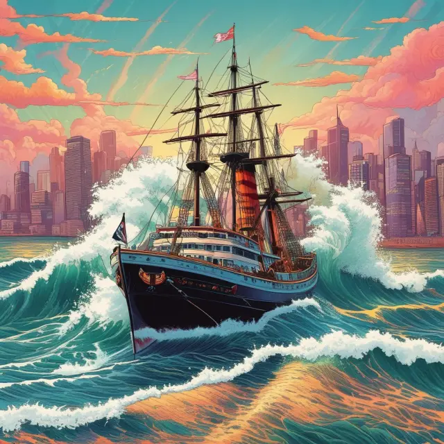 A historical wave transporting glamorous companies to the IPO harbor, symbolizing market excitement and competition