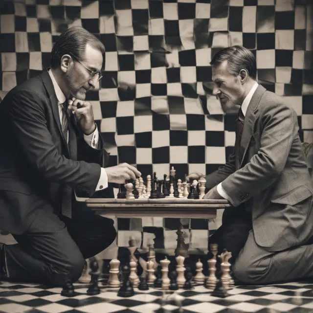 Long-term and short-term investors, each making their moves on a chessboard, depicting strategic investment approaches towards hot issues