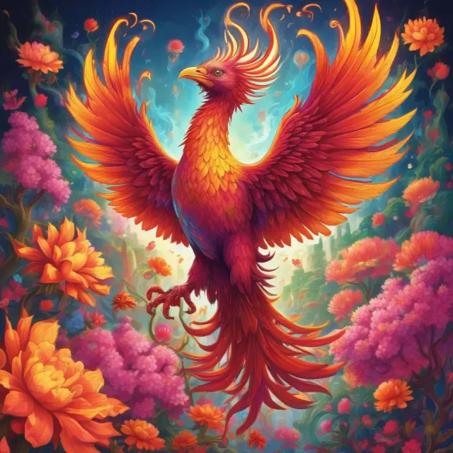 A fiery Phoenix rising amidst blooming flowers and graphs, representing economic growth and hot financial issues.