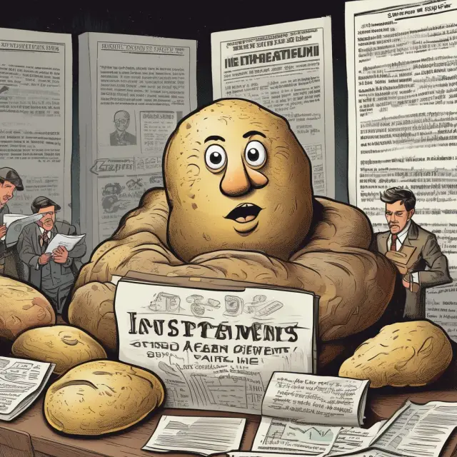 An investor nervously passes a hot potato symbolizing investment, surrounded by stock price fluctuations and news headlines