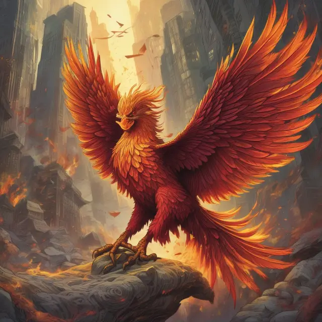 A phoenix arises from flames, symbolizing hot issues in finance, representing investor excitement and market volatility.