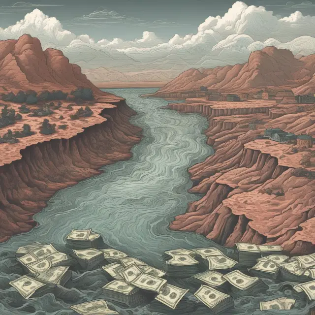 A metaphorical representation of hot money as a river, illustrating its cyclical patterns and impact on global markets.
