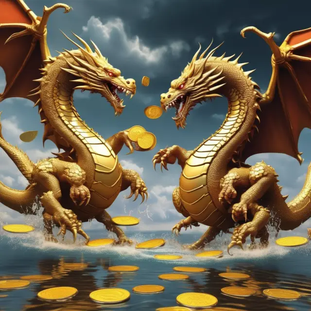 Two mythical dragons exchanging gold coins, symbolizing the influence of hot money on exchange rates and a country