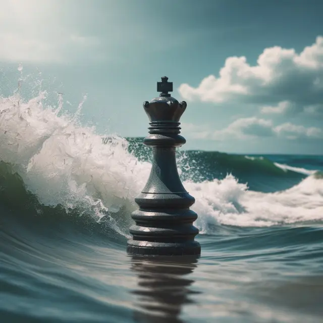 Government chess piece attempting to navigate unpredictable waves of hot money in a financial sea.