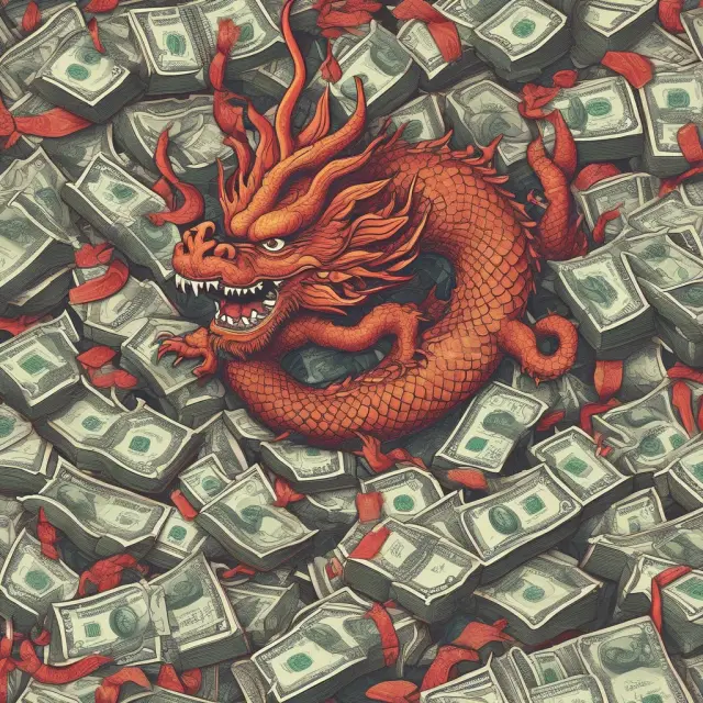 A dragon holding a pile of gold coins, with some coins being taken away by hot money flows in the form of arrows
