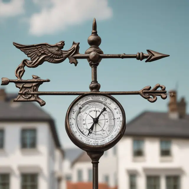 A weather vane with a compass displaying the House Price Index (HPI), symbolizing its function as a crucial housing market guide for real estate investments