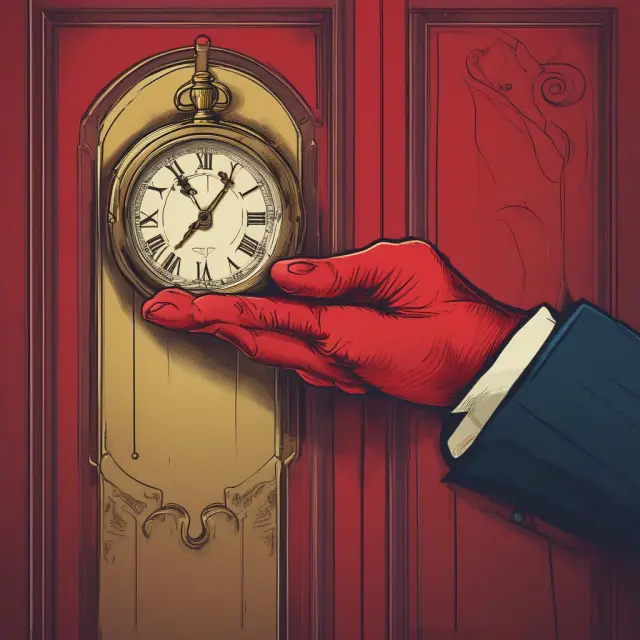 A red hand knocking on a door with a golden pocket watch in hand, representing the need for urgent funds during a house call