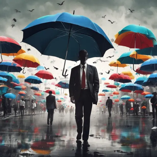 An investor braces against a margin call storm while taking refuge under securities umbrellas for protection
