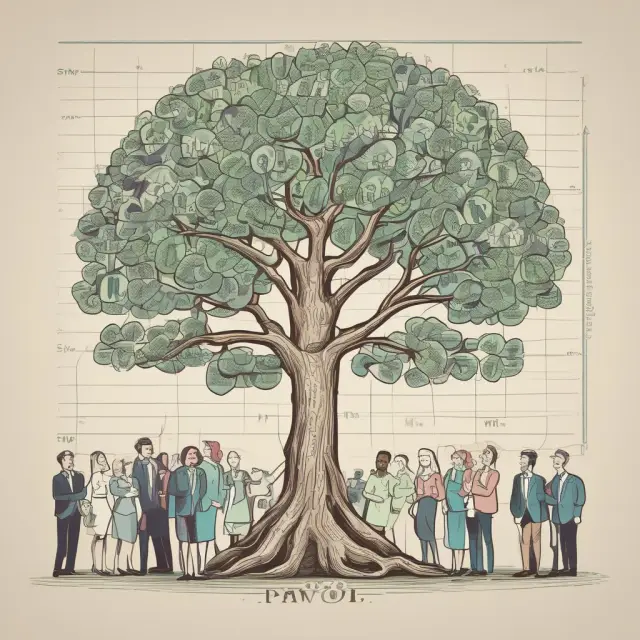 An employer standing before a large, growing tree made of household employees, symbolizing tax responsibility and payroll processing.
