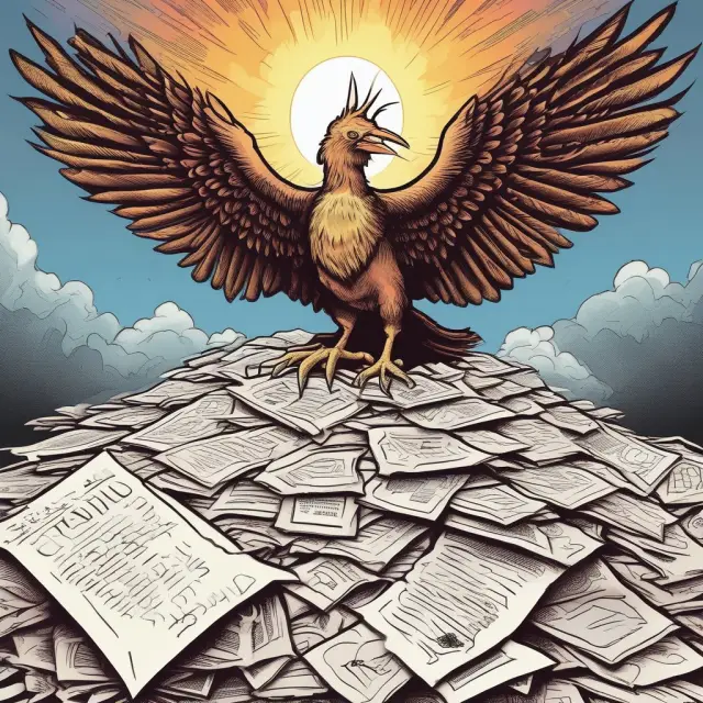 A mythical Phoenix bird rises from a pile of payroll documents and tax forms, illustrating the ease and efficiency of payroll services in managing taxes and wages