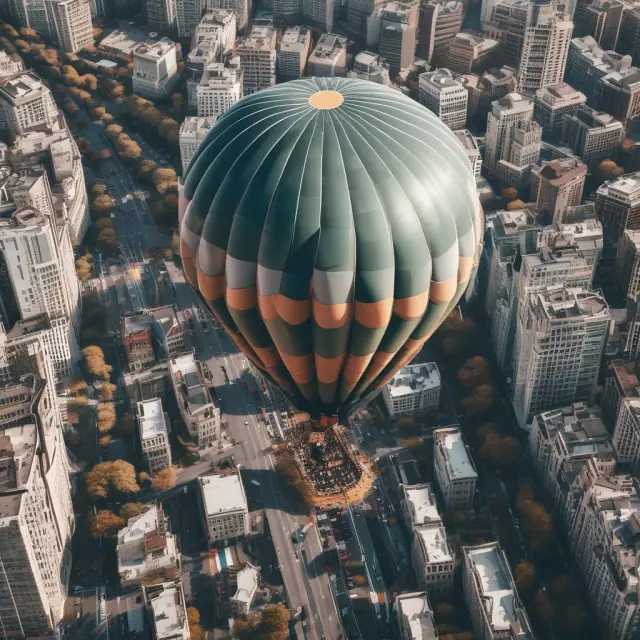 Hot air balloon carrying passengers above congested city traffic and high transportation costs.