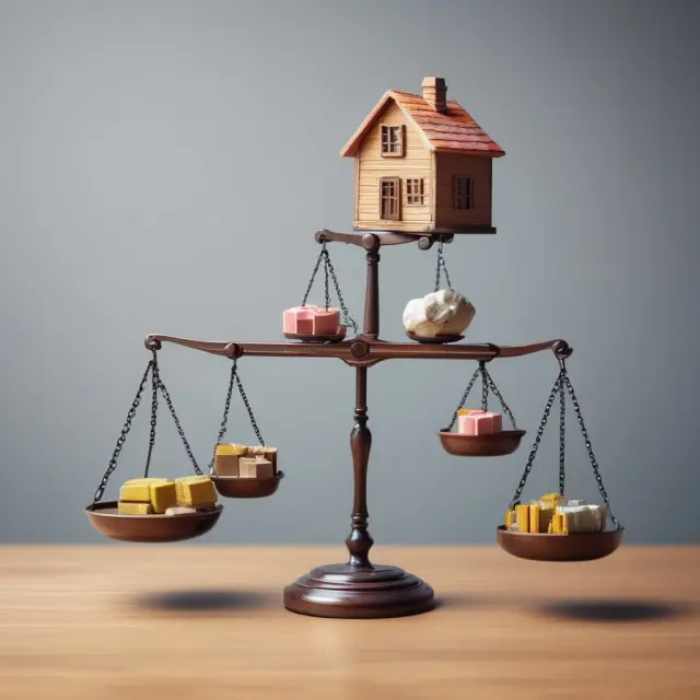 A house balanced on a scale with different security types symbolizing varying house maintenance requirements