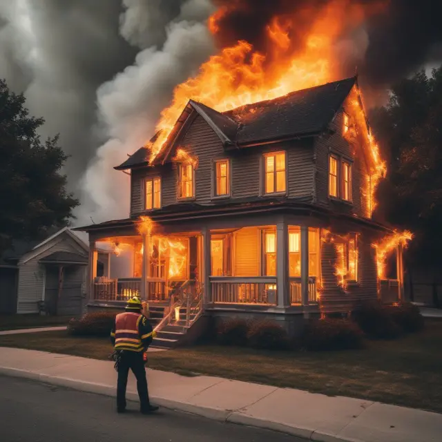 An image of a house engulfed in flames, symbolizing the potential risks during market volatility. The fire represents brokerages setting maintenance requirements to protect clients.