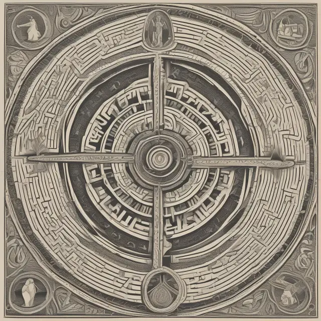 A personified compass, symbolizing house poverty, navigating a labyrinth of financial obligations, balancing expenses and income