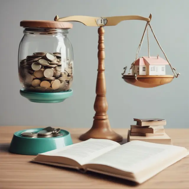 A balance between savings and housing costs: A household financial situation with a budget book and savings jar on one side and mortgage and housing expenses on the other