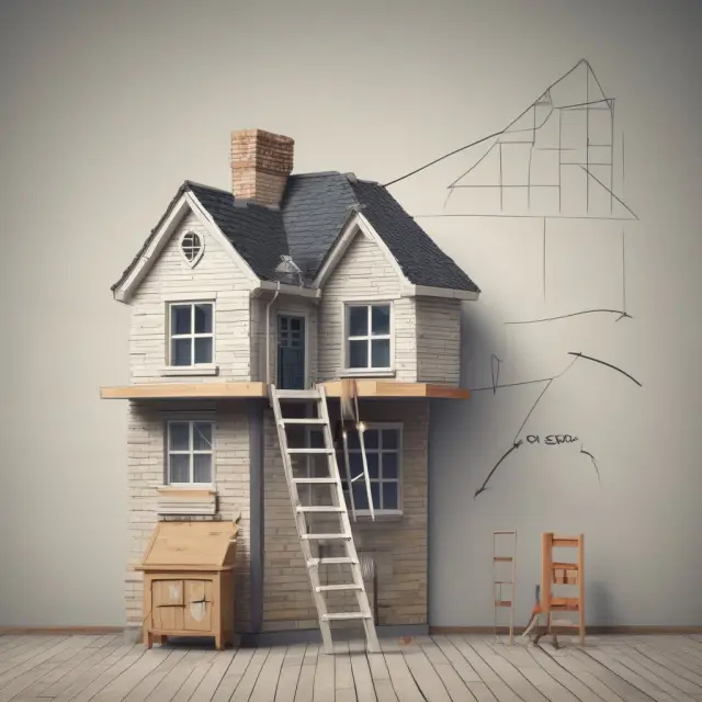 House under renovation, ladder reaches towards interest rate chart - representing mortgage refinancing for affordable housing costs