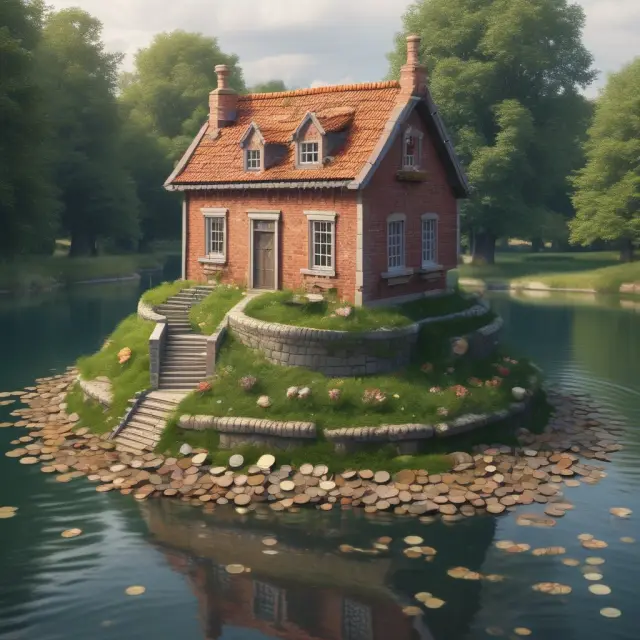 A house on solid ground surrounded by a moat of coins, illustrating the role of an emergency fund in maintaining financial stability