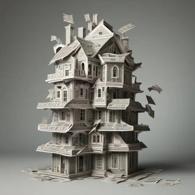 An unstable house of cards represents the precarious nature of becoming house rich and cash poor while mortgage documents emphasize housing expenses