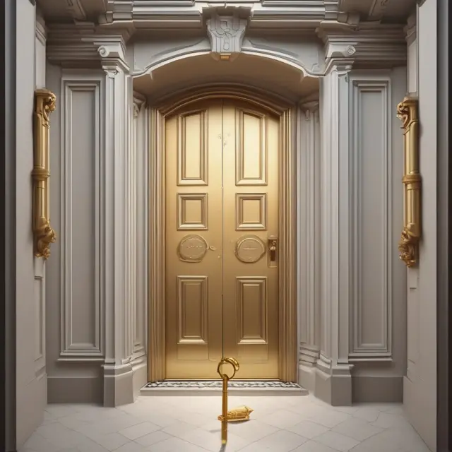 Image of a golden key opening a mansion door with the words 
