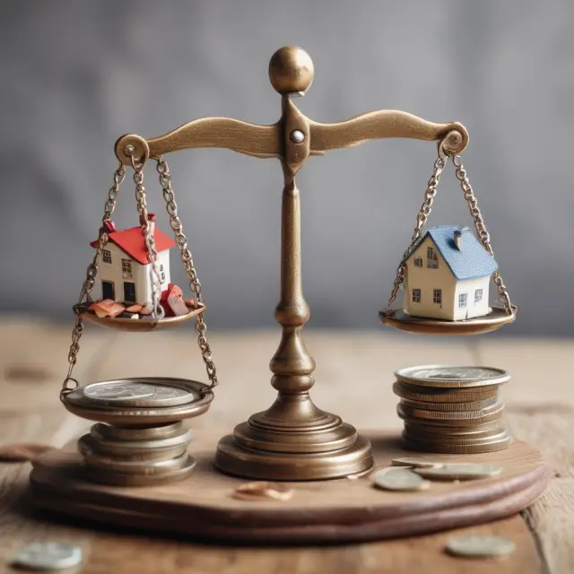 A balance scale holds houses (housing bonds) and coins (liquid funds), symbolizing the risk vs. reward trade-off in investing in Housing Authority Bonds.