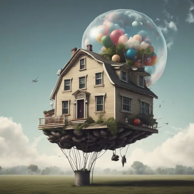 An image of a large, unstable house with a ballooning roof, representing the concept of a housing bubble and its eventual burst
