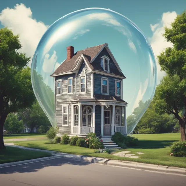 A metaphorical image of a large, inflating housing bubble with an ominous clock ticking inside, representing the unsustainable conditions and impending collapse of the U.S. housing market.