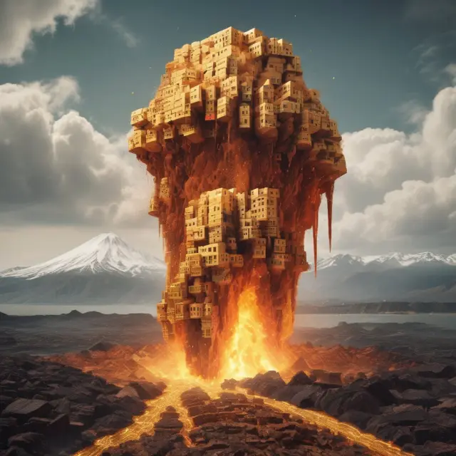 Golden bricks represent the demand for homes as a volcano erupts, illustrating excess liquidity in the housing market