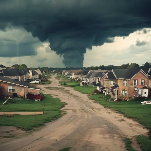 A housing bubble depicted as a destructive tornado uprooting individual savings, neighborhood stability, and employment opportunities