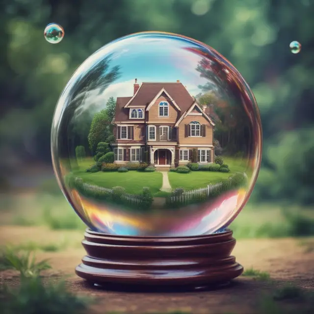 Visualization of various historical housing bubbles blending together in a kaleidoscope within a crystal ball, symbolizing the valuable insights gained from their analysis.
