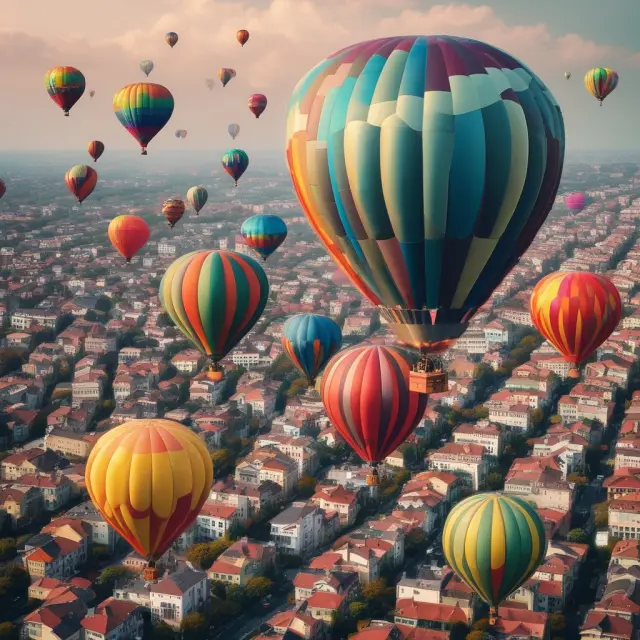 Hot air balloons represent various global housing markets - some bursting, others ascending, emphasizing their economic impact.