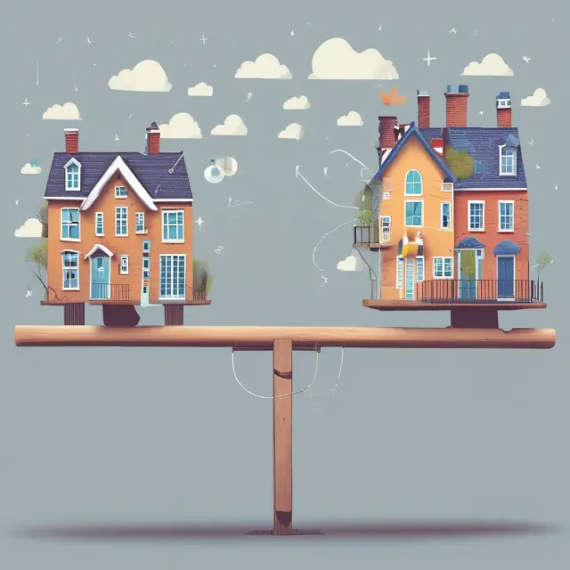 A seesaw represents the ups and downs of a housing market, with houses balanced precariously. Understanding housing bubbles is key to maintaining balance.