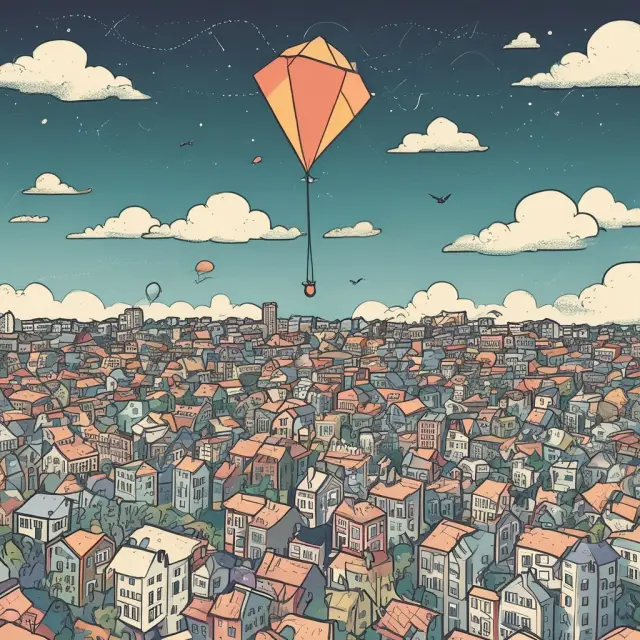 A bright red kite flies above a diverse economic landscape with mountains and valleys, symbolizing the significance of recognizing housing bubbles as an investor