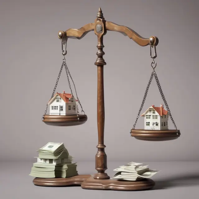 Balance scale representing housing expense ratio: mortgage payment, property tax, and pre-tax income