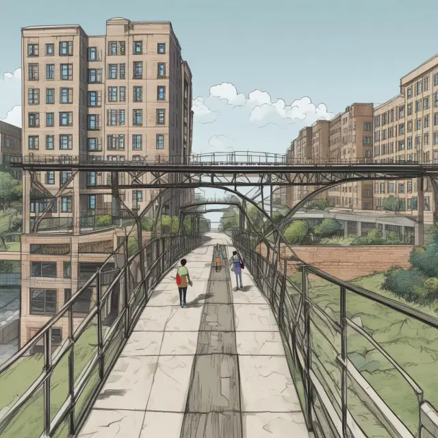 Bridge connecting diverse community to housing complex with signposts for income restrictions and purchase price limit