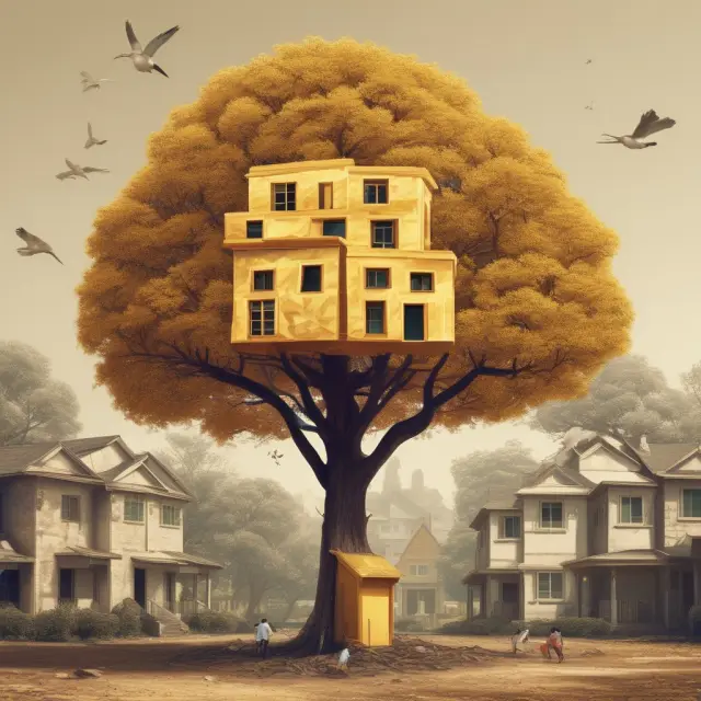 Golden tree offering housing bonds as fruit to investors, symbolizing financial security and affordable homes