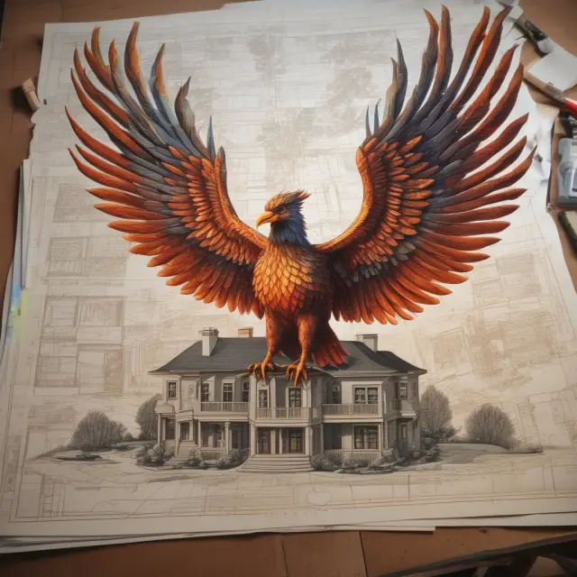 A Phoenix rising from a stack of architectural plans signifies the economic impact of new housing starts
