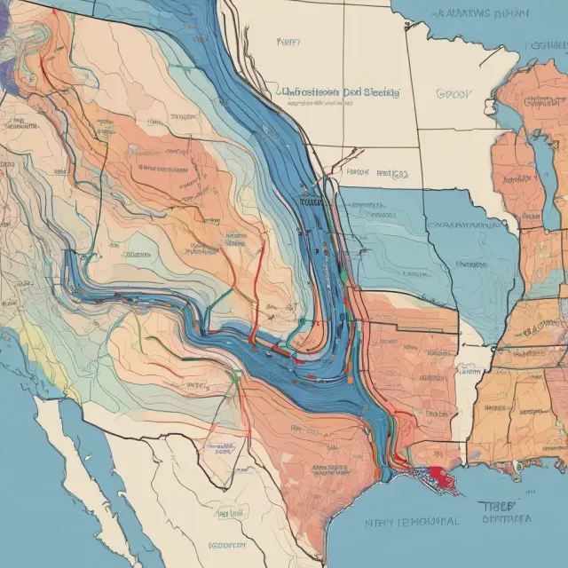 Map showing color-coded US regions (Northeast, Midwest, South, West) with housing starts data as rivers flowing into a united ocean