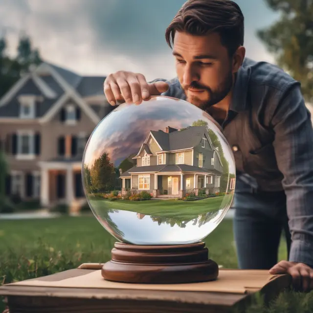 A homebuilder examining a crystal ball revealing housing starts data, symbolizing the impact on stock market performance and homebuilders sector