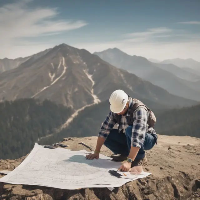Builder consulting compass and blueprints on mountains, illustrating regional housing starts analysis.