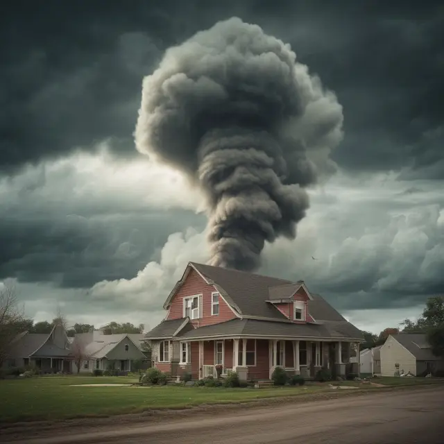 A house being lifted and carried away by a tornado, representing the destruction of housing units