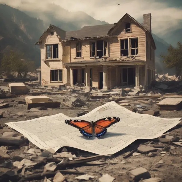 Butterfly emerging from California wildfire ruins, representing the resilience and recovery efforts following housing unit losses.