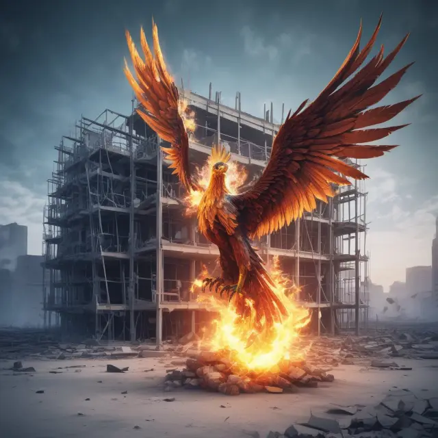 Phoenix emerging from architectural plans, depicting apartment complex development stages