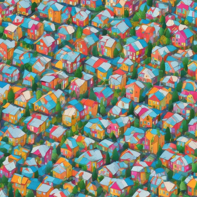 Vibrant image depicting various housing units: standalone houses, apartment buildings, and mobile homes, creating a diverse community