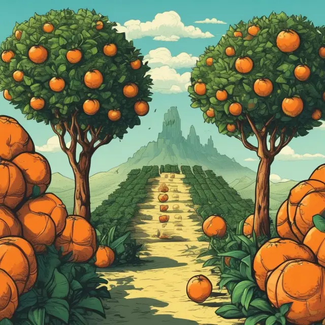 Orange trees symbolizing crypto assets, with the Howey Test as a guiding light