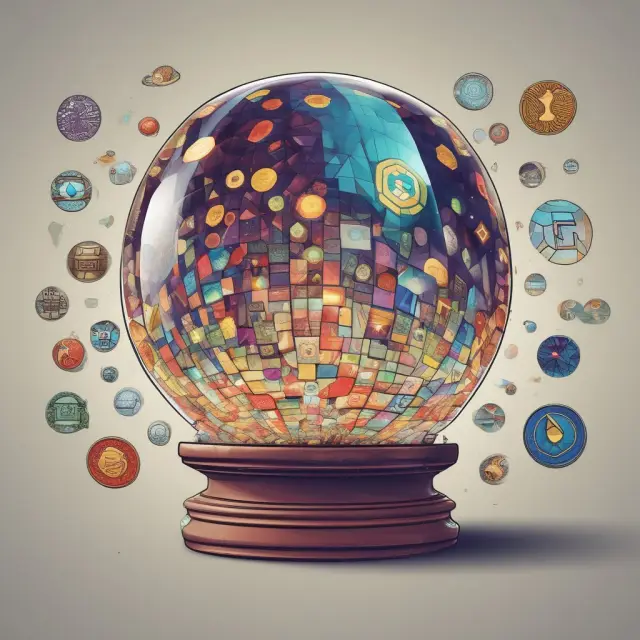 Image of a crystal ball showcasing a dynamic arrangement of various tokens symbolizing regulatory evolution in the crypto space, with a focus on Howey Test implications