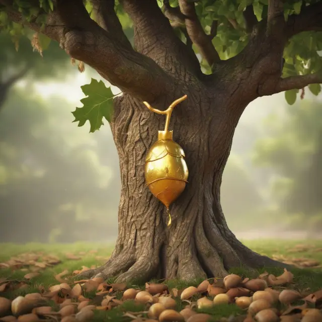 Golden acorn sprouting on a branch, growing into an oak tree with leaves and HSA balance increasing over time. Investment strategy, financial planning, and potential returns depicted.