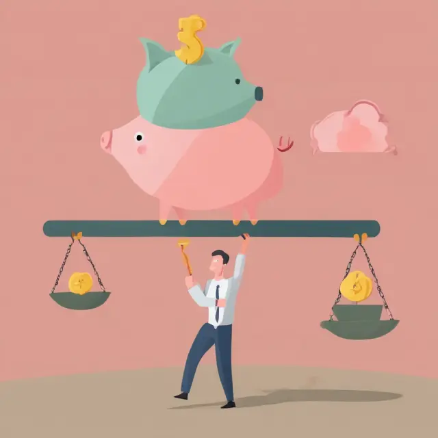 Person balancing a piggy bank on scales, representing health savings account (HSA) advantages: lowering monthly premiums and saving on taxes.